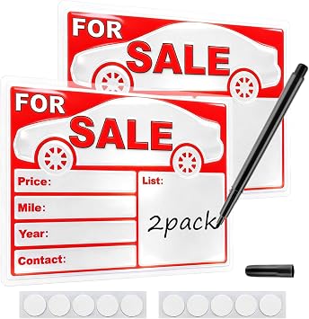 Professional For Sale Sign Car Kit 2 Pack Laminated Waterproof & Fade-Resistant Signs for Vehicles, 13"9" Reusable Car For Sale Signs for Vehicle Window, with Marker and 10 Glue Points Dots