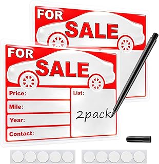 Professional For Sale Sign Car Kit – 2 Pack Laminated Waterproof & Fade-Resistant Signs for Vehicles, 13"×9" Reusable Car For Sale Signs for Vehicle Window, with Marker and 10 Glue Points Dots