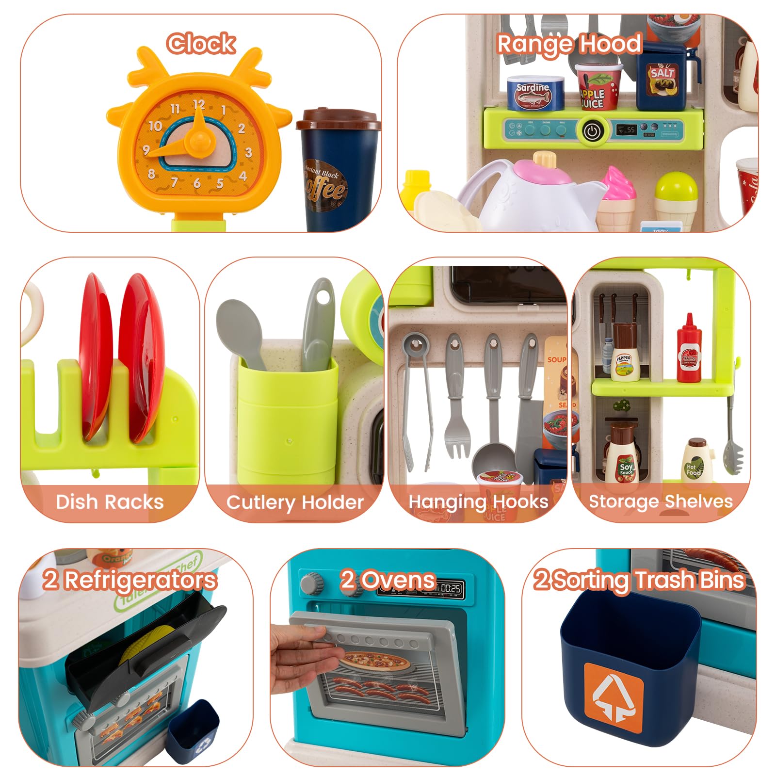 HOMASIS Cucina Giocattolo con Suoni e Luci, Gioco di Ruolo da Cucina con 75 PCS, Fornello con Acqua Vapore, Rubinetto con Acqua e Lavello, Cucinetta per Bambini da 3+ Anni (Blu)