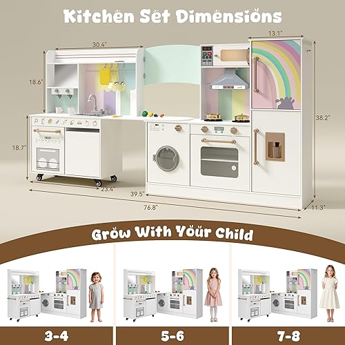 Miniatura 6 de Juego de juguetes de cocina grande, juego de cocina giratorio de esquina para niños con luces y sonidos reales, fregadero de juguetes con agua