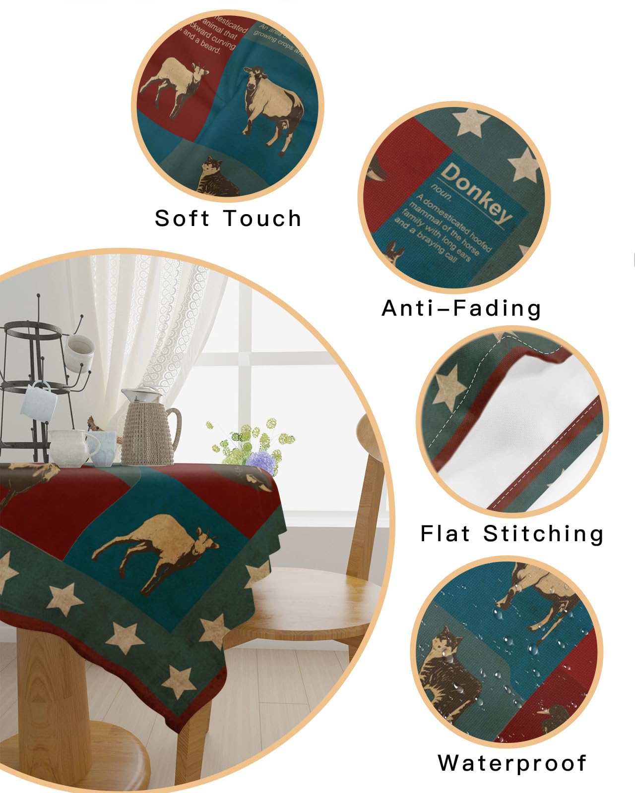 Amazon.com: Independence Day Square Waterproof Tablecloth Farm Animal  Geometry Grid Table Clothes Cover Retro Stars Frame Spill Proof Kitchen  Dining Tabletop Covers for Holiday Party, Camping : Home & Kitchen