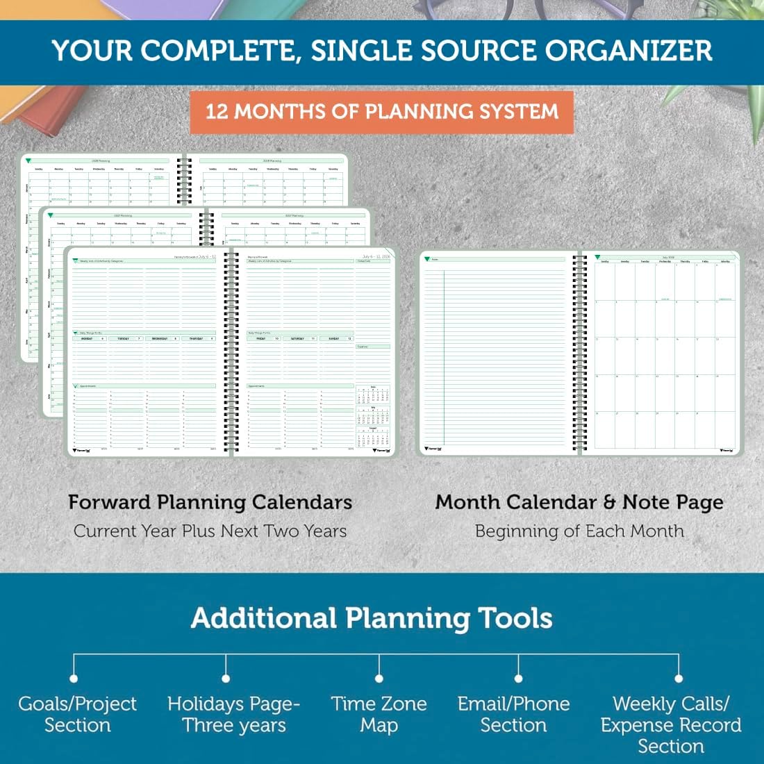Planner Pad Spiral Bound 3-Tier Funnel Down 12 Month Large Size Organizer, July 2026 – June 2027 / Academic Year, Greenish Grey Cover/Soft Green Ink, 8 1/2" x 11"