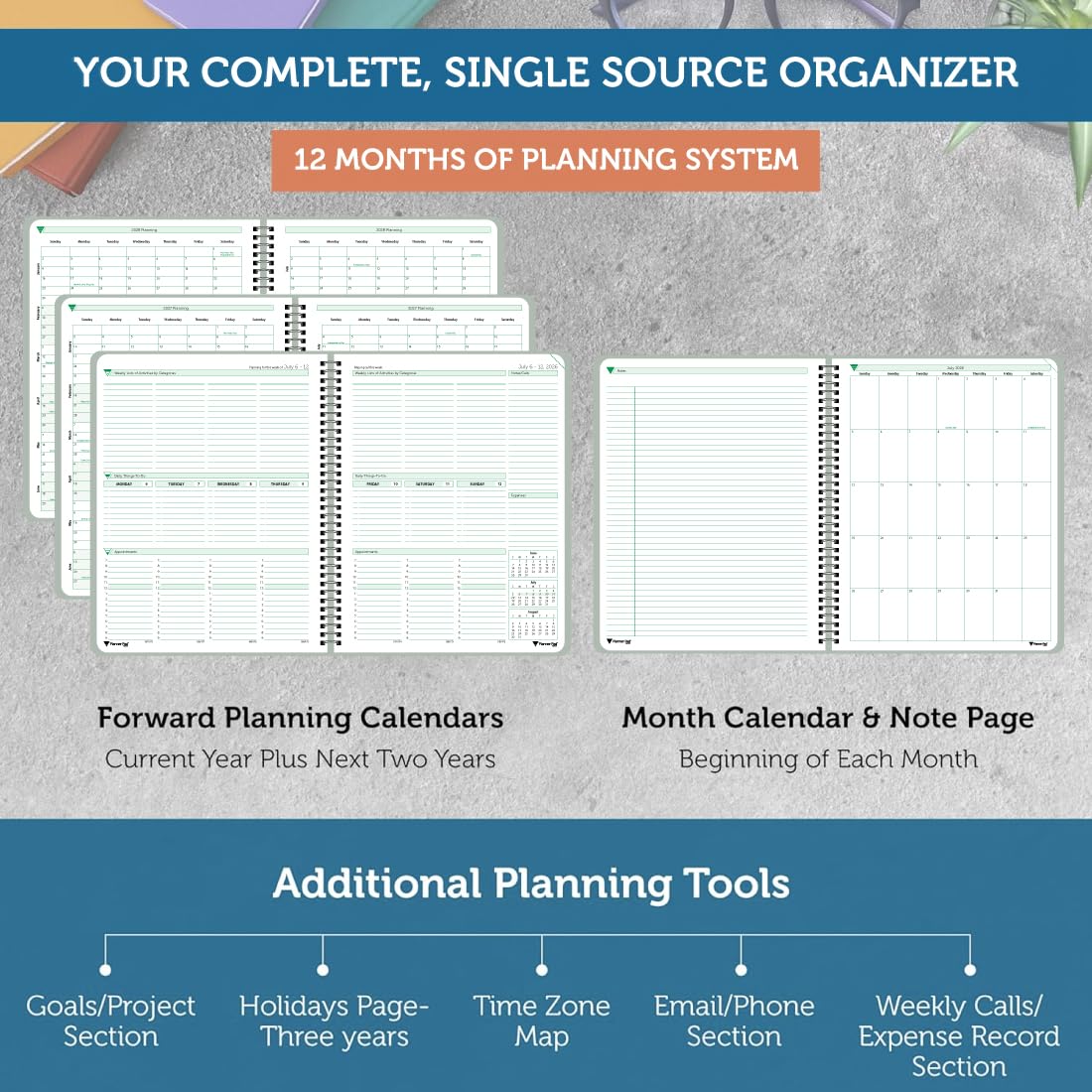 Planner Pad Organizador de tamaño grande de embudo de 3 niveles con espiral para 12 meses, julio de 2026 a junio de 2027/año académico, cubierta gris verdoso/tinta verde suave, 8 1/2 x 11 pulgadas