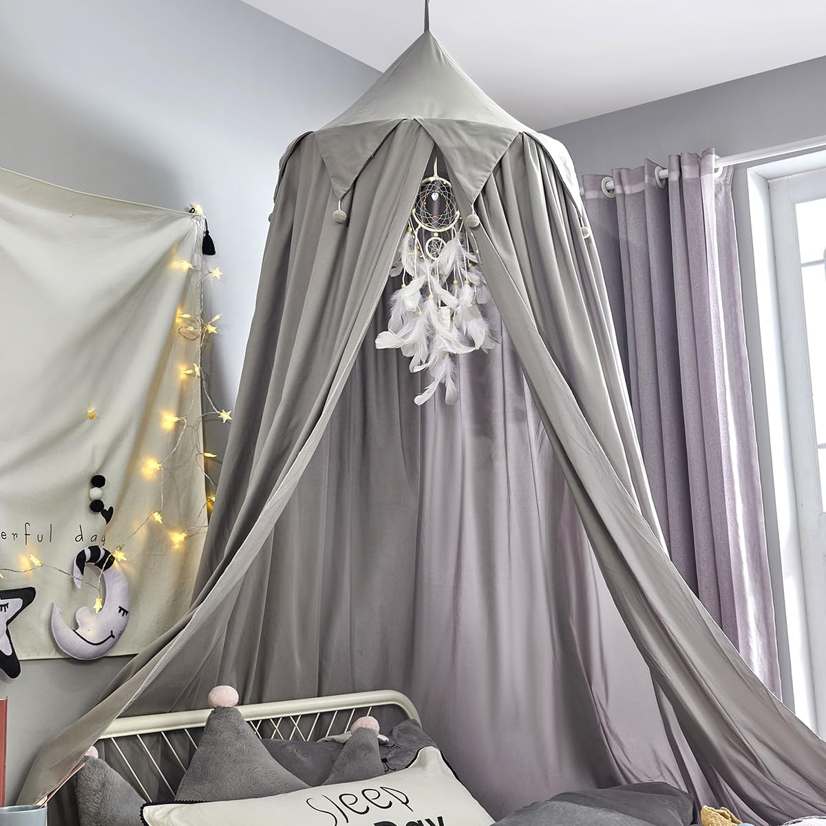 Surwin Baldachin Betthimmel Grau Madchen Jungen Babybett, Himmelbett Moskitonetz Bett mit Kugel für Kinderbett Kinderzimmer Einzelbett Schlafzimmer Kinder Geschenk Reise