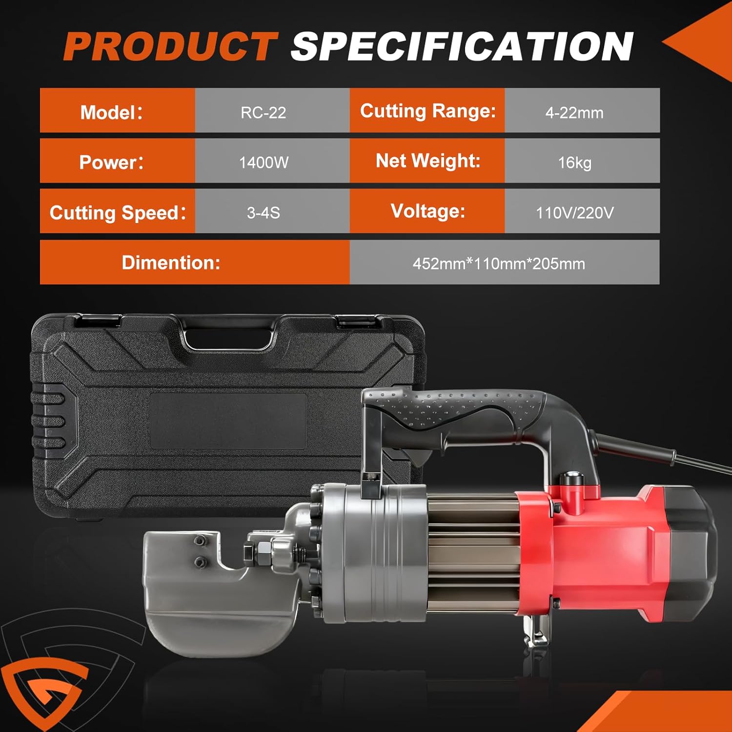 1400W Electric Rebar Cutter, 7/8" Hydraulic Portable Rebar Cutter 3-4s Cutting Speed Cuts 4-22mm #7 3/8" 5/8" up to 0.87" Rebar/Steel, RC-22,with Easy to Carry Box