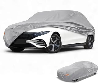Waterproof All-Weather Universal Car Cover with Right Side Zipper & Mirror Pocket, 190T-PU Silver Tone Fits for Sedan Up to 165" Length
