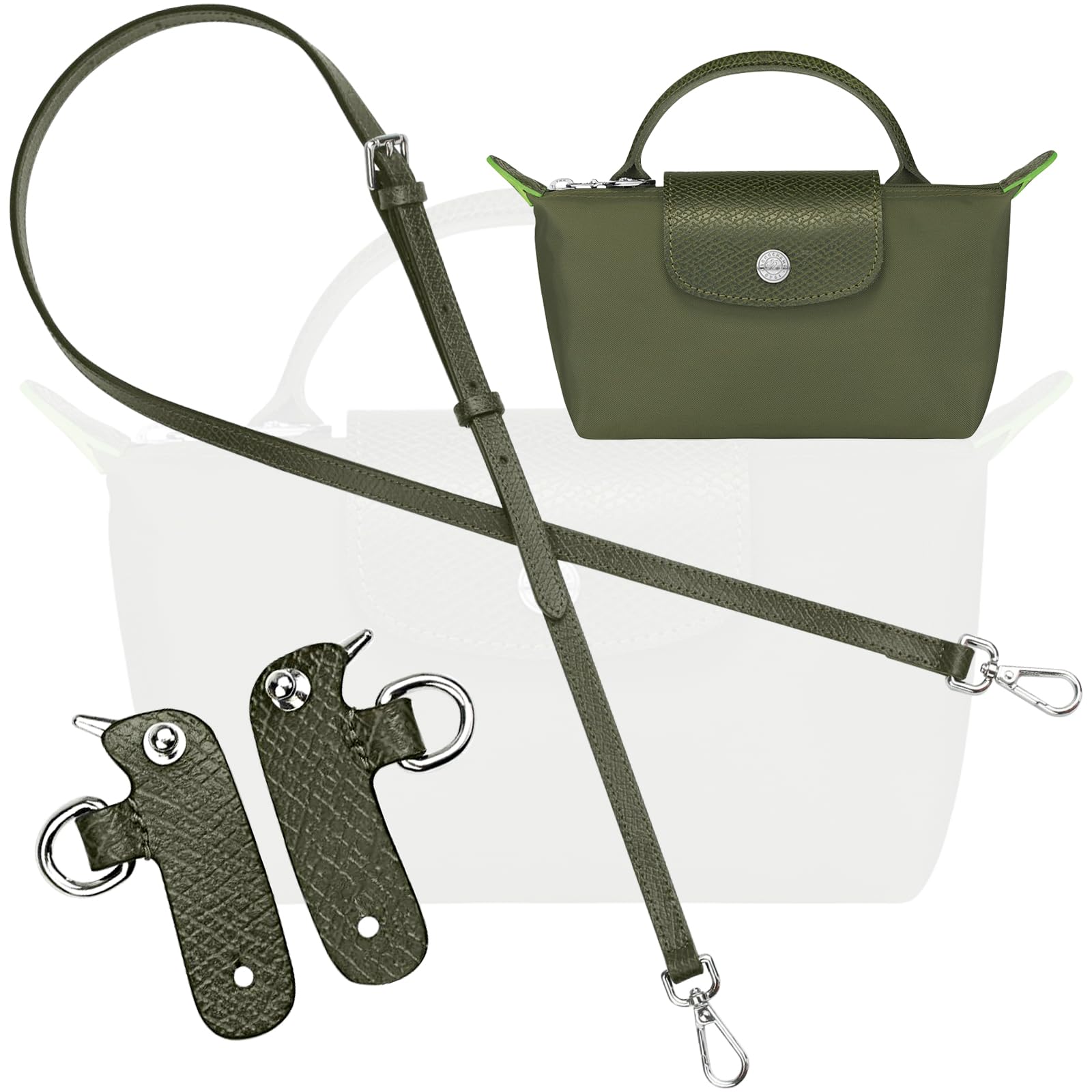 Bag Leather Strap Replacement Crossbody Shoulder Straps for Xs MINI Pouch, No Damage Conversion Kits Accessories (MINI-Forest Green-Silver)
