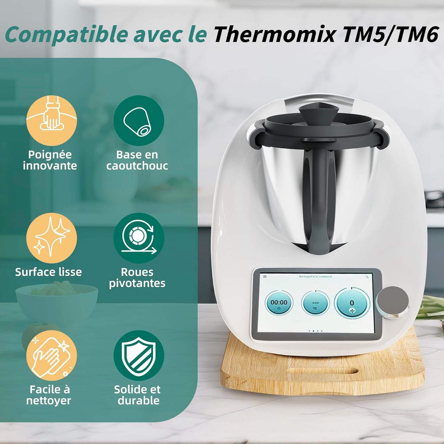 Planche Coulissante pour Thermomix TM6/TM5, Planche Support pour Thermomix avec Roulettes Double Roulement, Poignée Ergonomique, Glissement Silencieux, Surface Anti-Rayures, Bois Naturel