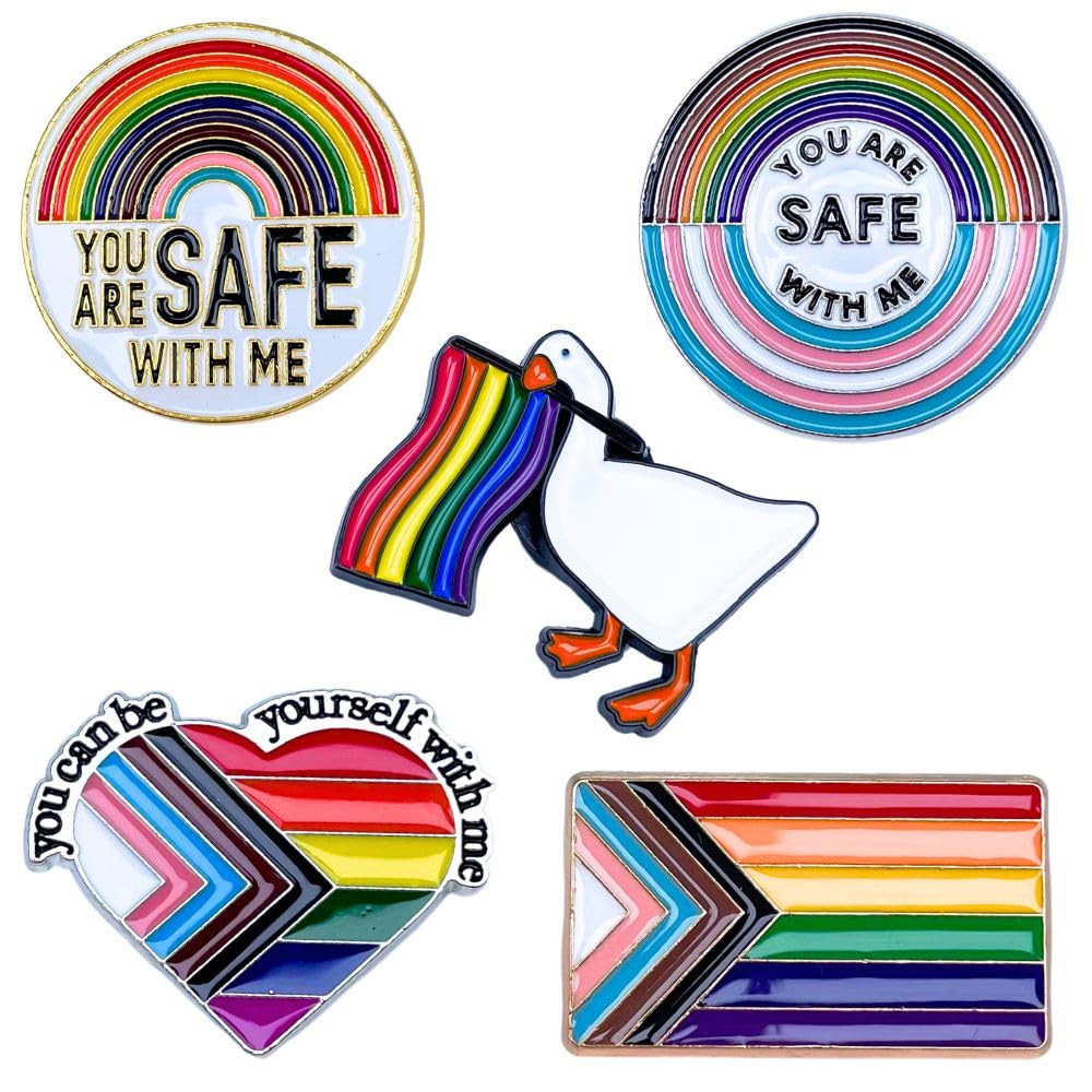 YJ PREMIUMS Pride Pins 5PC Safe Space You're Safe with Me Can Be Yourself LGBT Gay Rainbow Flag Ally Enamel Pin Jewelry Pack for Backpack Bag Be Kind Goose Lesbian Queer Trans Lanyard Accessories