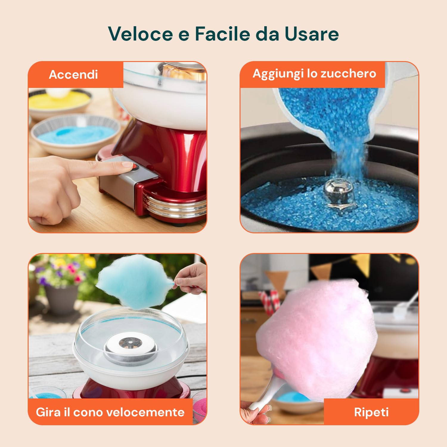 Avilia - Macchina Zucchero Filato Elettrica 500W Facile da Usare con Vaschetta Removibile, Accessori Inclusi e Riscaldamento Rapido per Zucchero Colorato o Aromatizzato, Ideale per Bambini e Feste