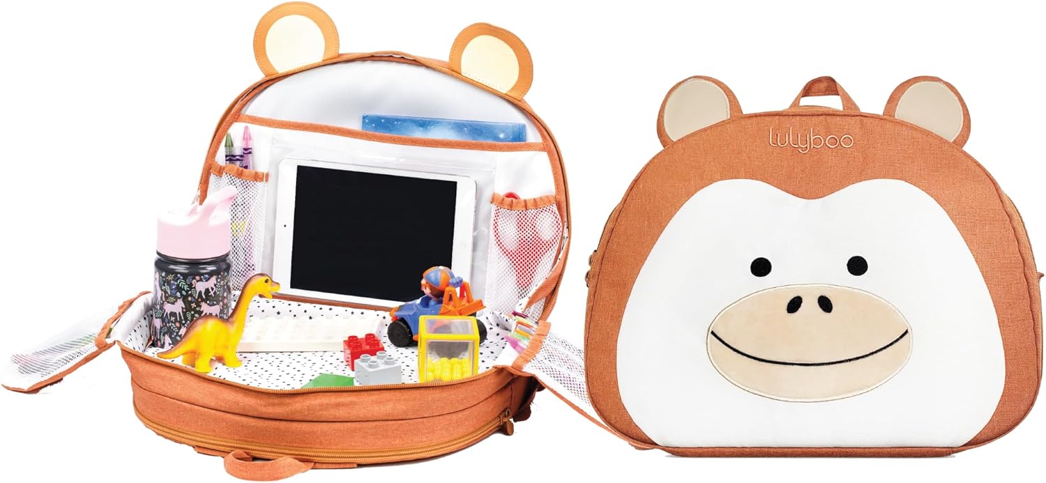 Lulyboo Toddler Car Seat Tray & Backpack - Kids Travel Table with Built-in Cup Holder, 8 Storage Pockets, Firm Writing Surface, Waterproof Wipeable, Monkey Themed Airport & Car Travel Accessory