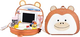 Lulyboo Toddler Car Seat Tray & Backpack - Kids Travel Table with Built-in Cup Holder, 8 Storage Pockets, Firm Writing Surface, Waterproof Wipeable, Monkey Themed Airport & Car Travel Accessory