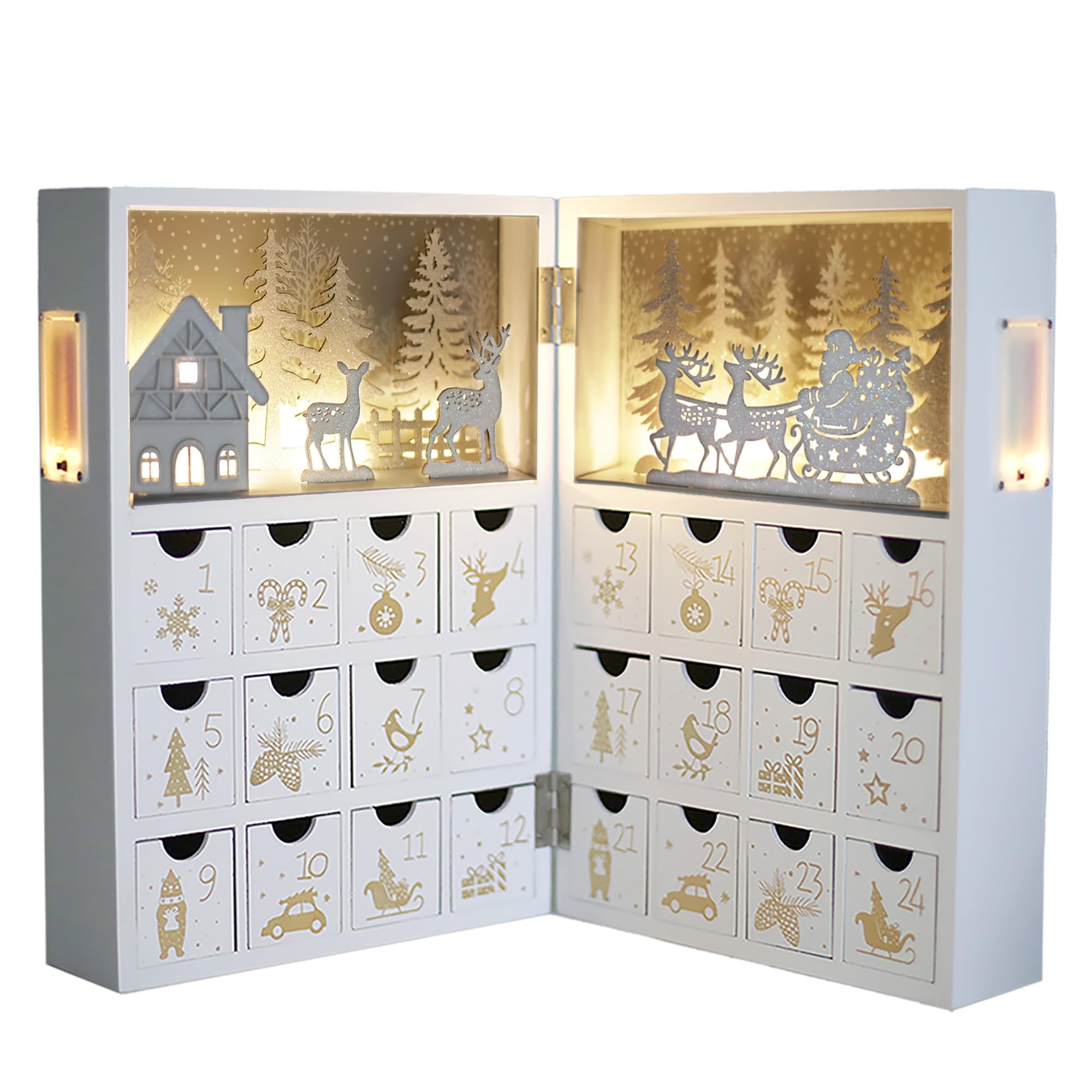 PE Weihnachten Adventskalender zum Befüllen Holz mit LED Kinder -Winterwald Szene-24 Schubladen Weihnachtskalender mit Silber Rentier Dekorative & Funktionale Aufbewahrung von Weihnachtsgeschenken