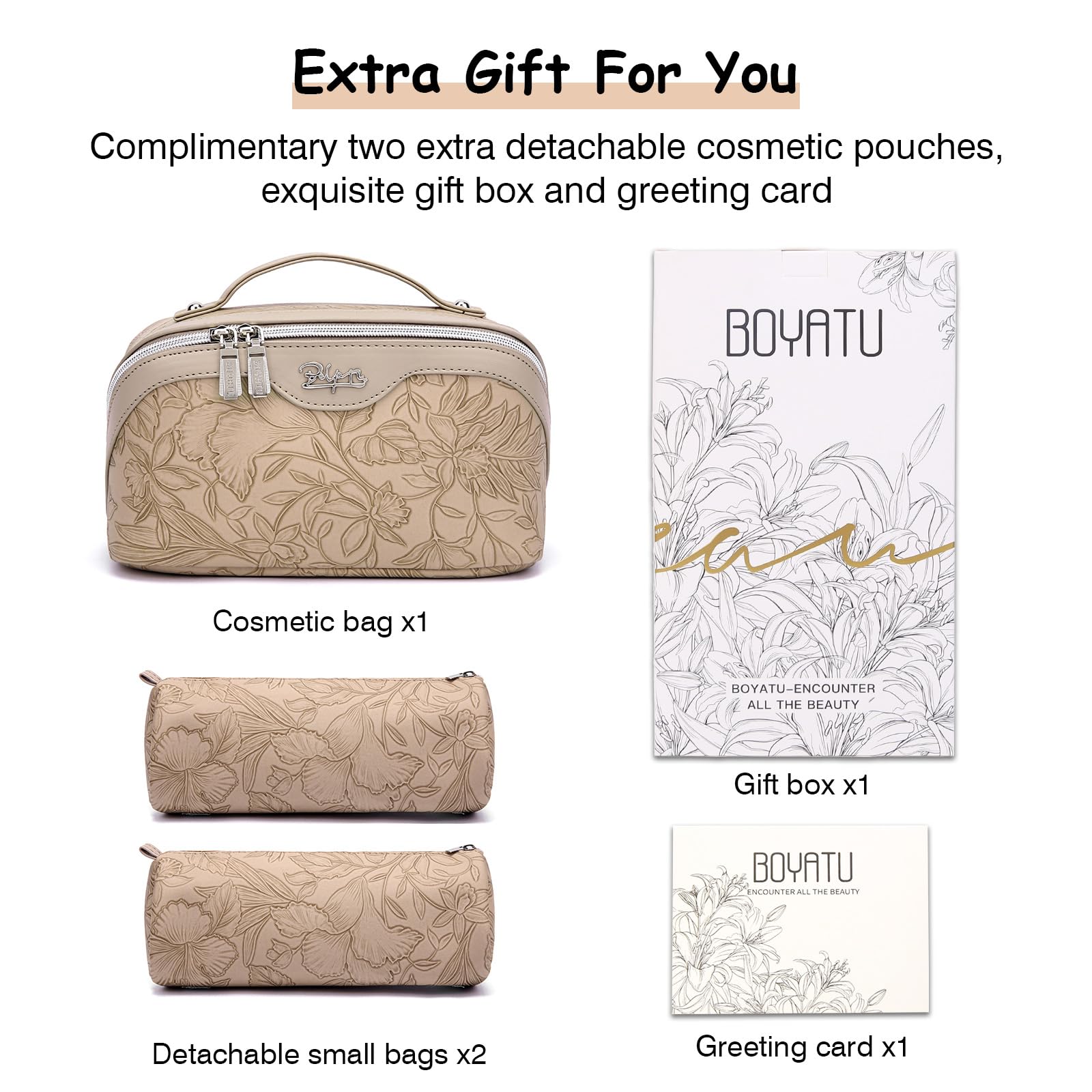 BOYATU Travel Makeup Bags Cosmetic Organizer Bag: 3-Set Large Capacity Make up Bag - PU Leather Toiletry Bags for Women - Wide Open Portable Pouch with Divider & Handle (): 02-Light Brown