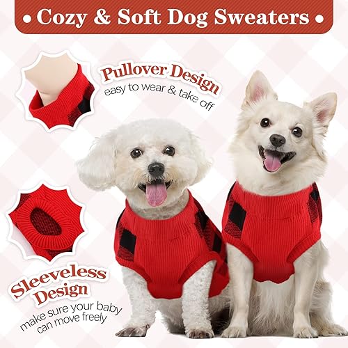 Miniatura 3 de Kuoser Suéter de punto para perro, suéteres de Navidad, suéteres clásicos a cuadros de punto trenzado, ropa de cuello alto para cachorros de clima