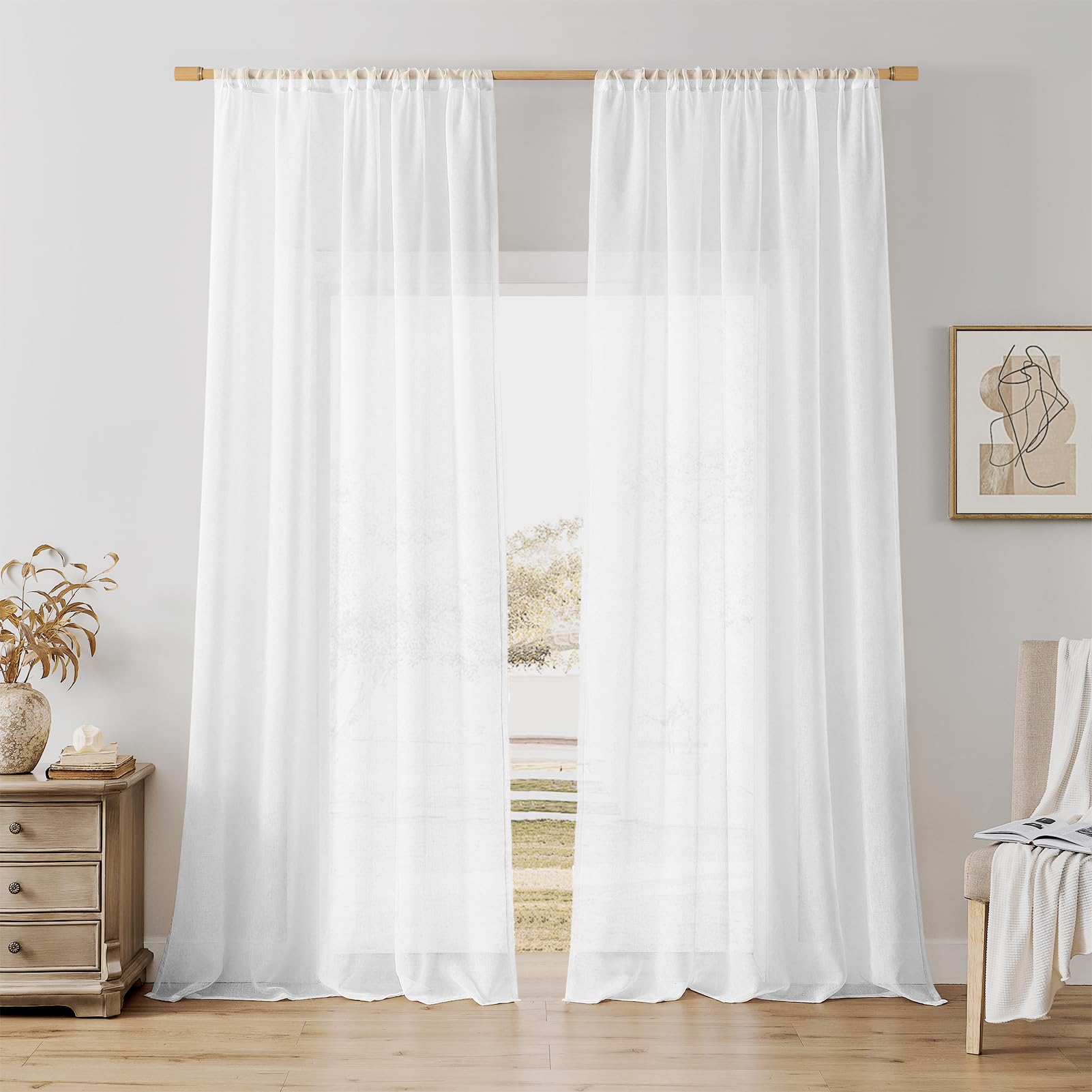 Softalker Tende a passante per bastone Tende Bianche effetto lino Voile Tenda Trasparente Tenda sciarpa 200 cm di altezza per camera da letto finestra Tenda 140 cm di larghezza, set da 2 pezzi