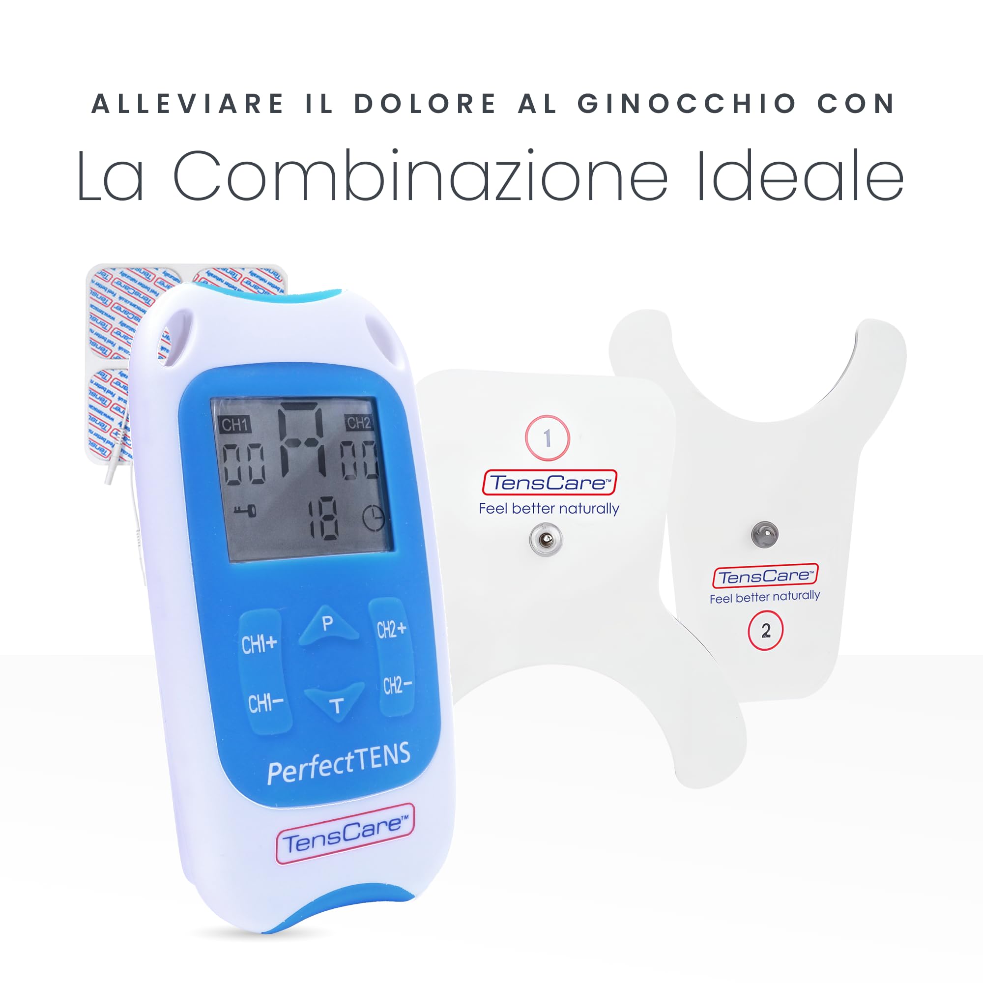 Bundle of TensCare Perfect Tens - Dispositivo Antidolorifico, Clinicamente Testato + Elettrodi TENS ed EMS specifici per il dolore al ginocchio