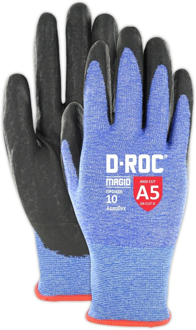 MAGID ANSI A5 D-ROC AeroDex 18-Gauge Work Gloves, 1 Pair, Foam Nitrile Coated, Size 9/Large, Blue