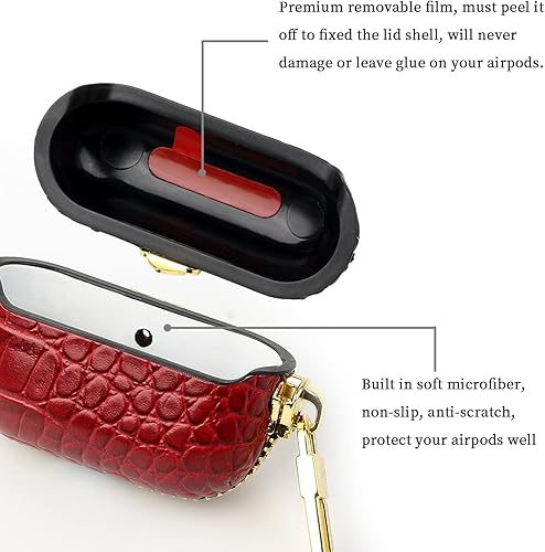 Miniatura 4 de YMSMY - Funda de piel auténtica para AirPods Pro con hebilla dorada de acero inoxidable, diseño de cocodrilo de gama alta AirPods Pro (rojo)