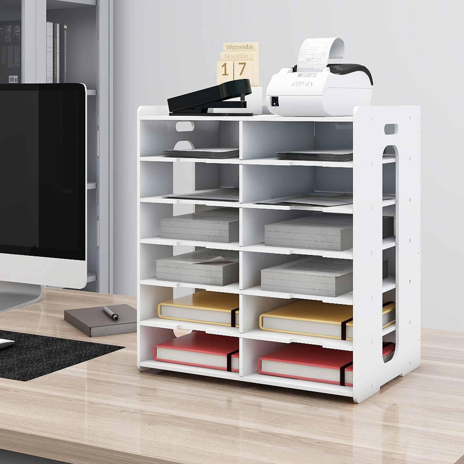 PUNCIA 12 Fächer Rechnungsregal für A5-Formate PVC Briefablage Aktenablage | Schreibtisch Organizer für Rechnung Büroablage Ordnungssystem Ablagefächer aus Holz Büro Arbeitszimmer Schule Office