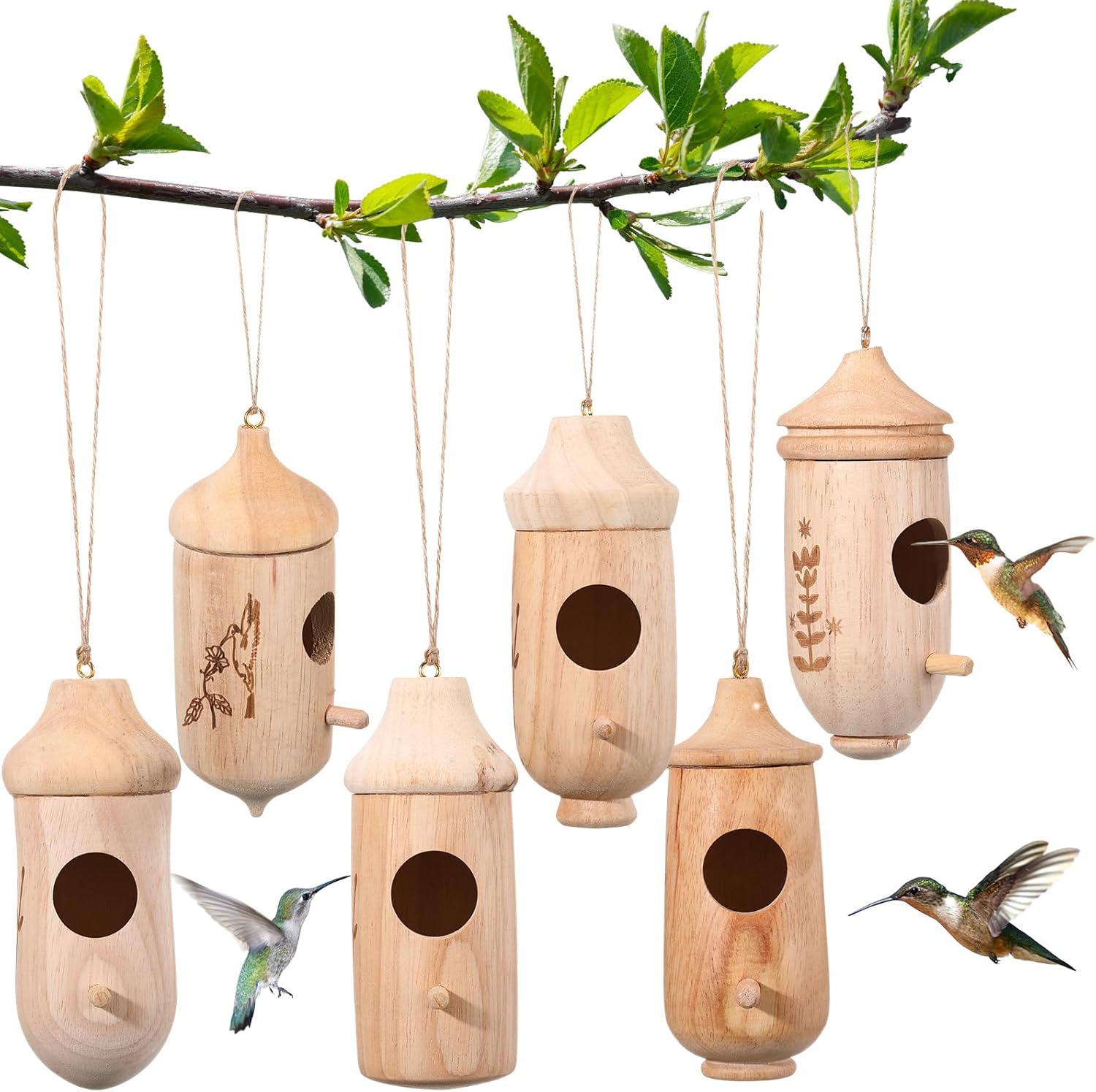 Thyle 6 Pcs Hummingbird House Natural Wooden Humming Bird