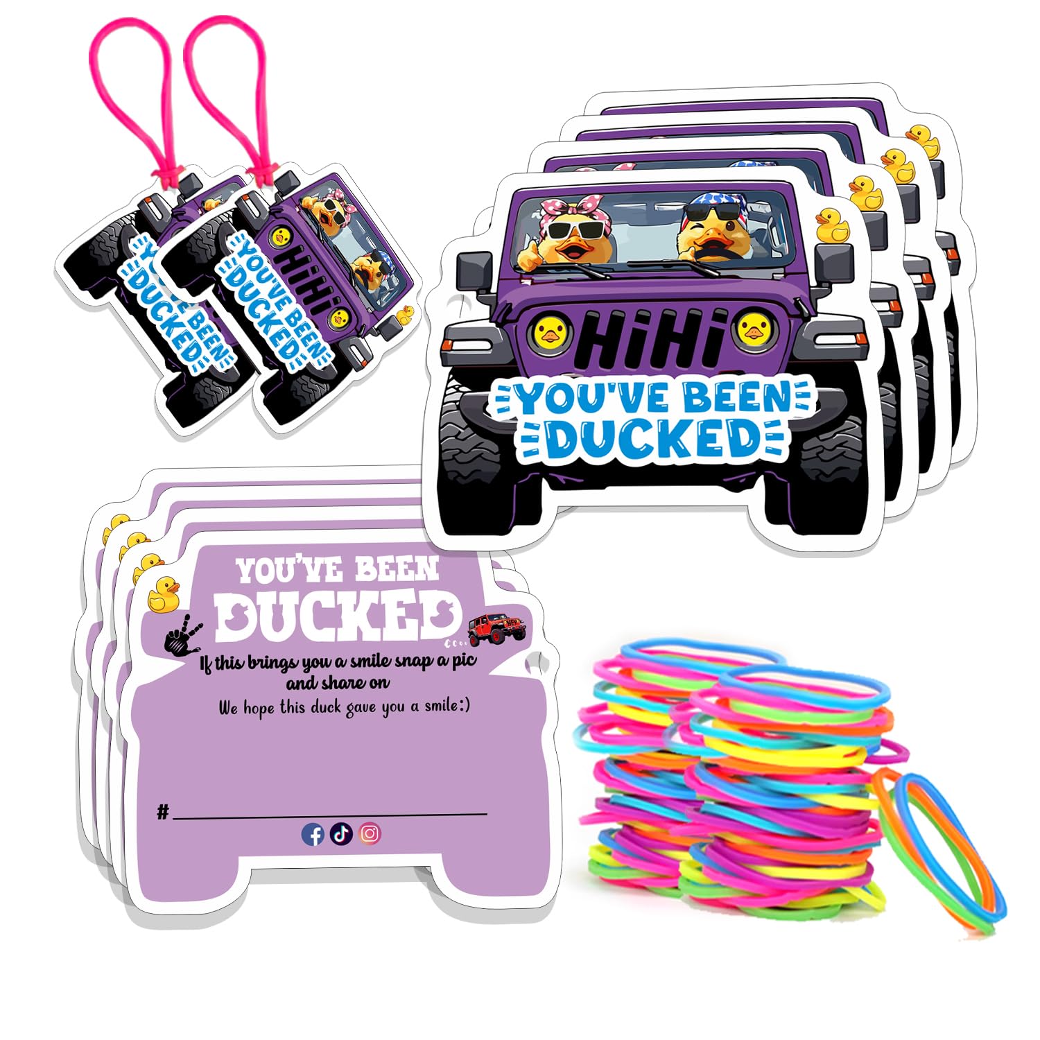 Duck Tags, You've Been Ducked Card, DCUK Duck Tags, 50 Set Duck Ducking Game Card, Duck Tags with Hole and Rubber Bands, SUV Car Design (Duck Tags-Purple)