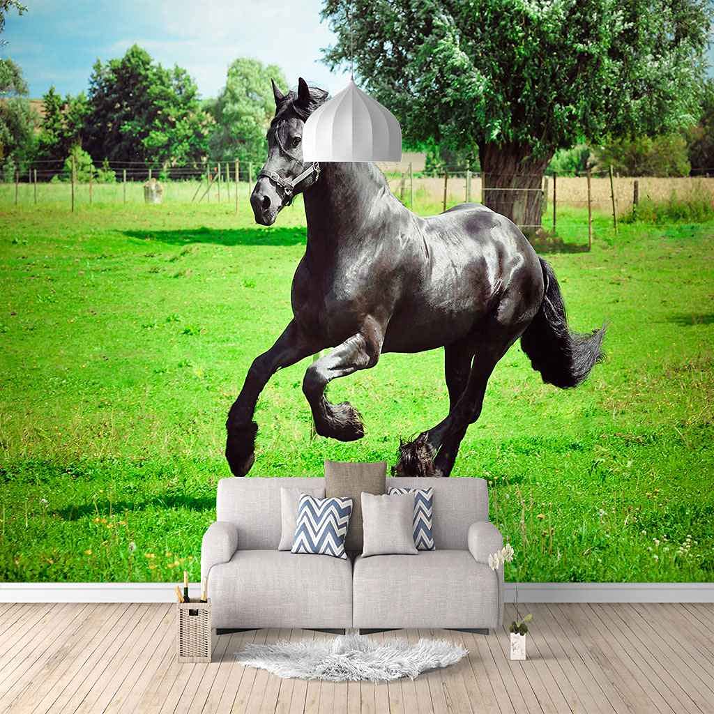 Papier Peint Panoramique Cheval Noir 3D Toile Auto-adhésive 250x175 cm