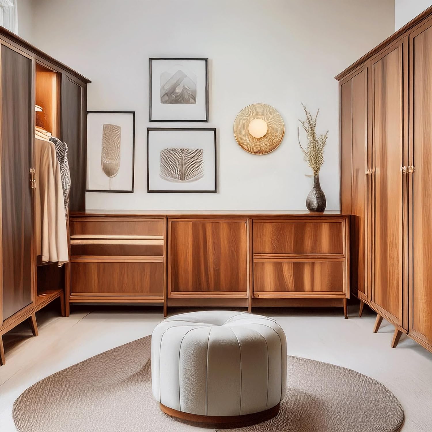 Wall Sconce Modern Artistic Ceramic Shade Wood Base Wall Light Ringed Textured Hardwired Indoor Wall Lamp Decorative Ambient Lighting Fixture for Bedroom Lounge Hallway Wall Mounted Light