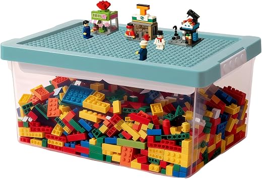 Toy Storage Organizer Bin for Lego, Plastic Organizer Box with Removable Tray and Building Baseplate Lid, Stackable Building Block Storage, Craft Storage Container for Lego Art, Toy, Tool, Sewing