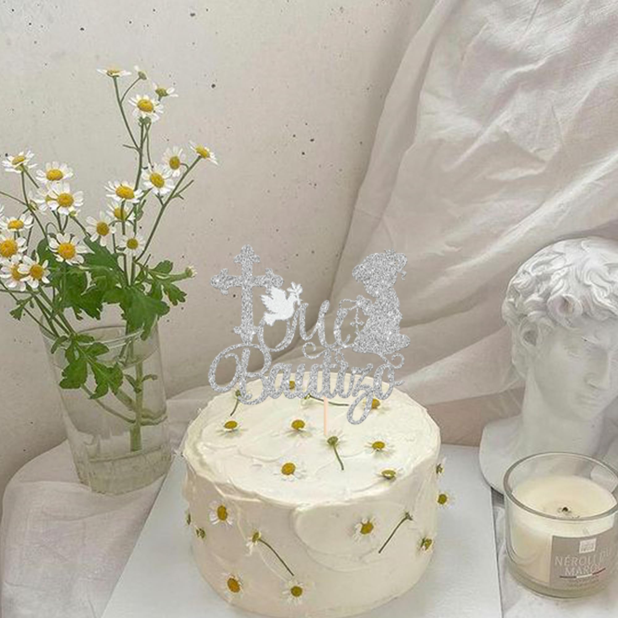 Xsstarmi 1 Pack Spanish Mi Bautizo Cake Topper Girls Baptism Cake Decoration Cross First Holy Communion Cake Pick for Religious God Bless Baby Shower Party Decoration Silver - Image 4