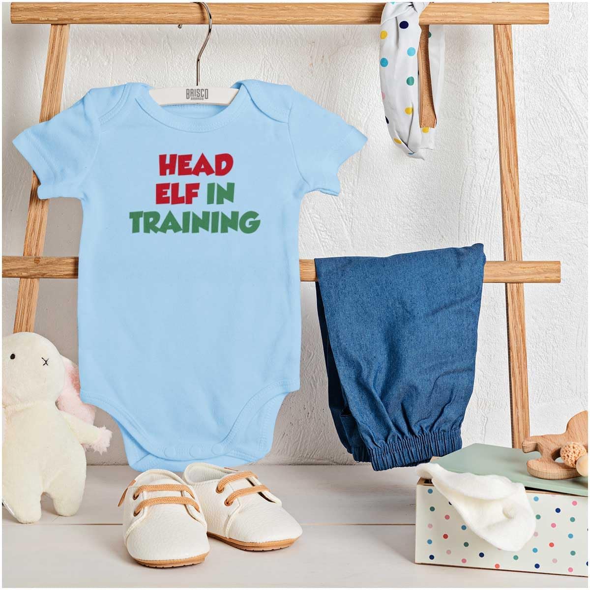 Brisco Brands Christmas Head Elf In Training Baby Romper Boys or Girls