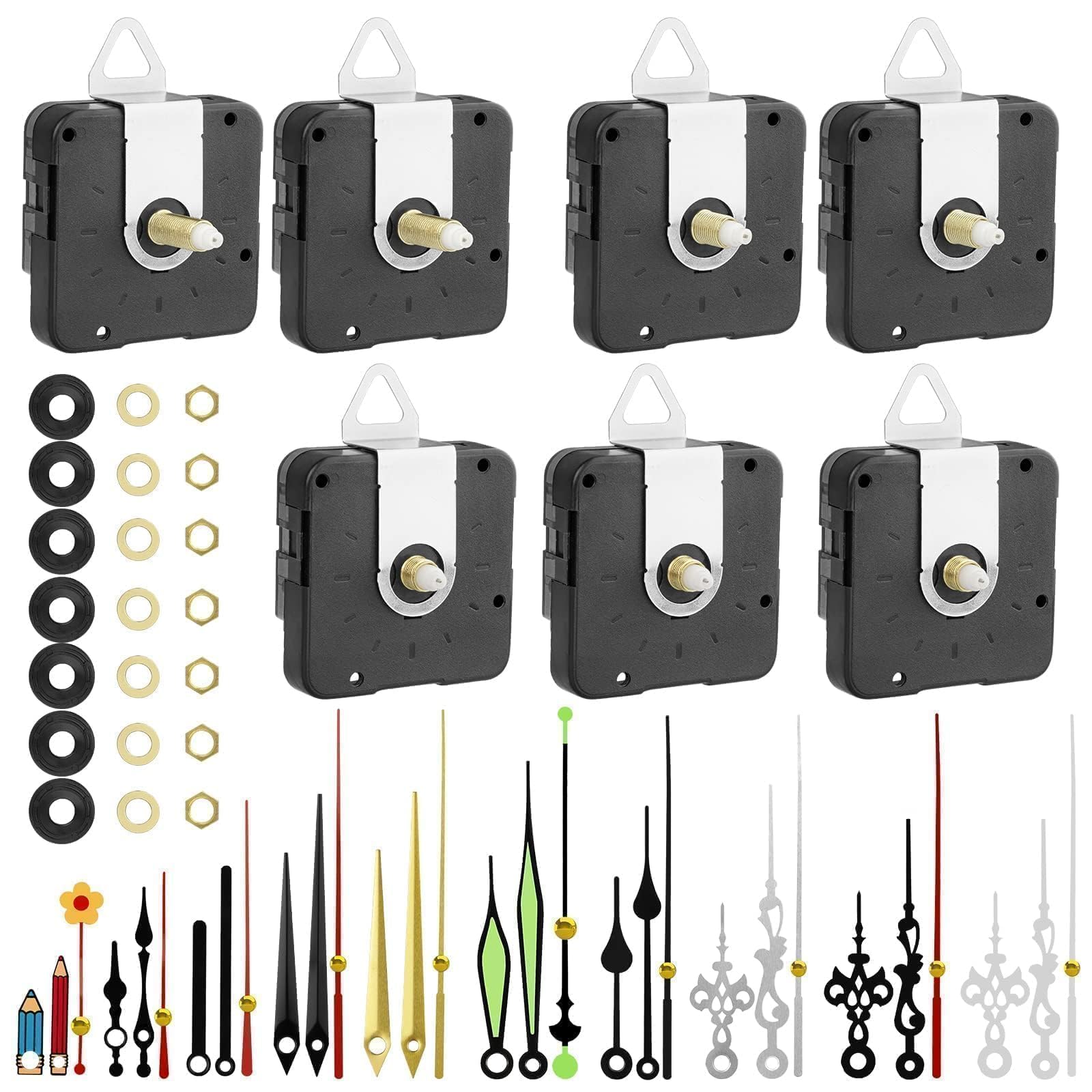 EEEKit Silent Clock Mechanisms Replacement, 7PCS Quartz Battery Motor Movements with 10 Sets of Hands for DIY Clock Parts Repair (13/15/22mm Shaft) — image 1