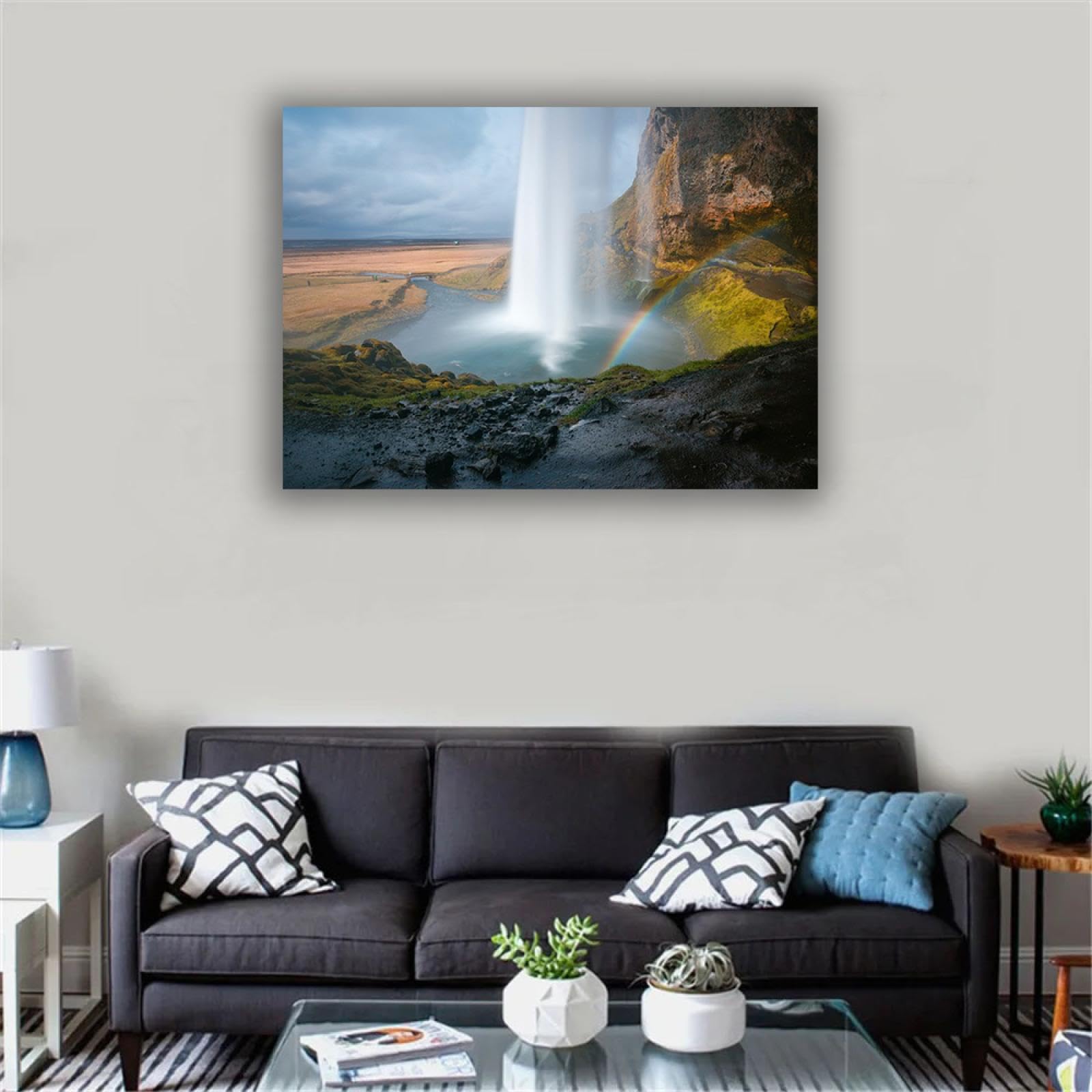 OUTFYT Cascada de arco iris al aire libre sobre montañas rocosas Imágenes de paisajes Imágenes panorámicas sobre lienzo Naturaleza Arte moderno Lienzo Arte de pared para oficina 80x112 cm enmarcado
