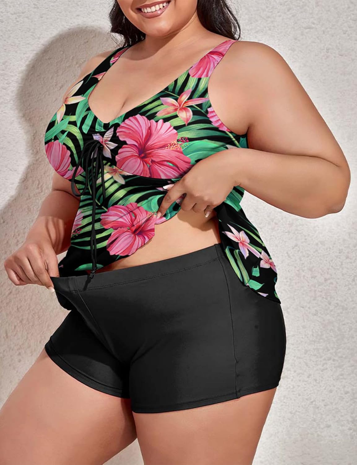 Omichic Modest Tankini Swimsuits for Women Two Piece Bathing Suits Floral Print Tank Top with Boyshorts