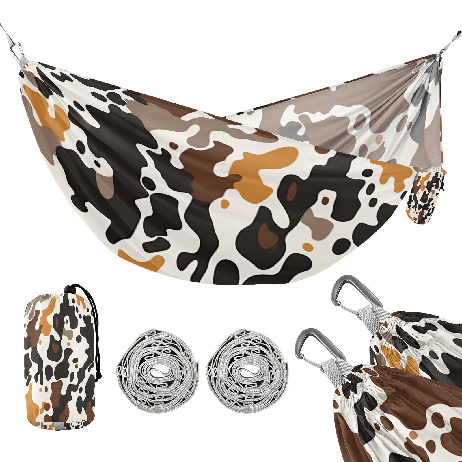 Haskirky Cow Print Camping Hammock, Single Portable Hammocks with Tree Straps & Attached Carry Bag, 330Lbs Capacity Perfect for Outside Indoor Hiking Beach Backpack Travel