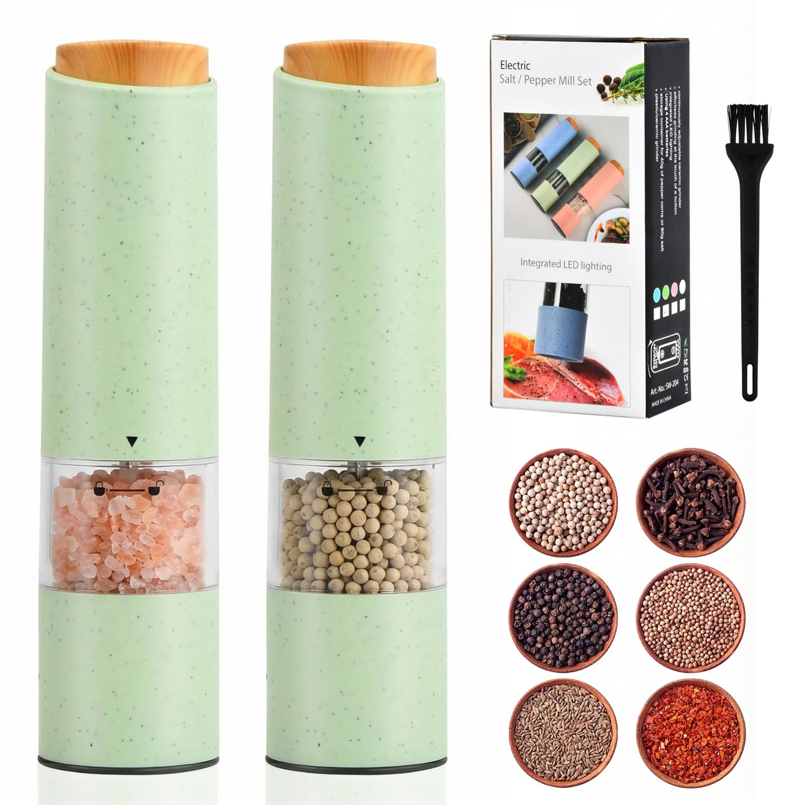 2 Pezzi Macina Sale e Pepe,Macina pepe elettrico,Macina sale elettrico,Elettrico a Batteria Macinaspezie,Rugosità regolabile,Luce LED,Nucleo macinante in ceramica,Perfetto per cucina (Verde)