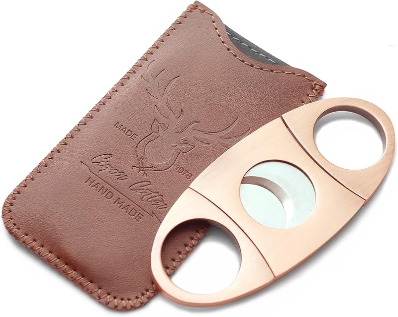 Stainless Steel Cigar Cutter (Bronze Deer) | With Leather Case, Double Blade, Cigars Making Cutter