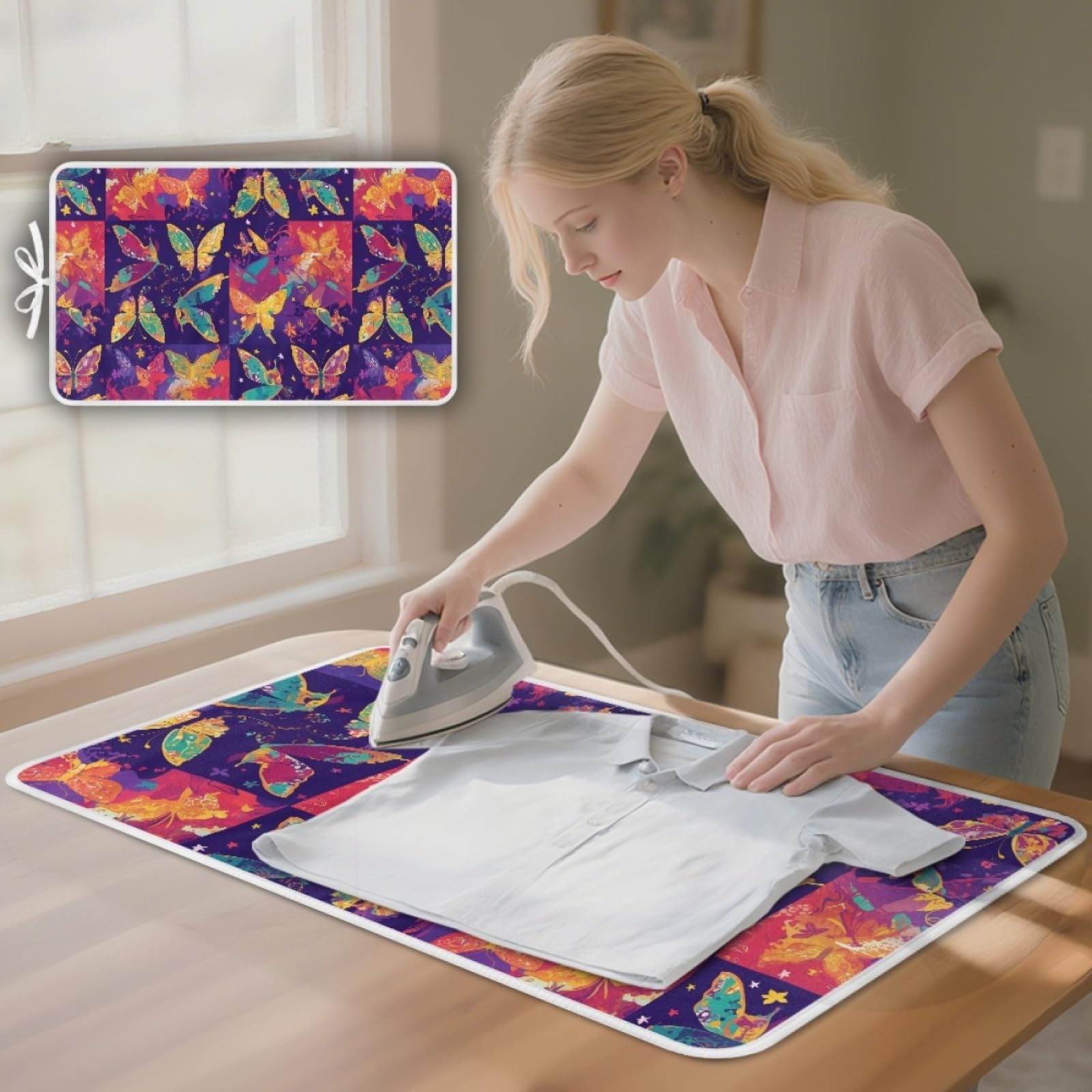 Bügelmatte Goldener Blauer Schmetterling Bügeleinlage Faltbares Hitzebeständig Waschbar Bügelauflage für Tisch und andere Oberflächen Bügelbrett Unterlage rutschfeste Bügeldecke 80x50cm (2 Stück)