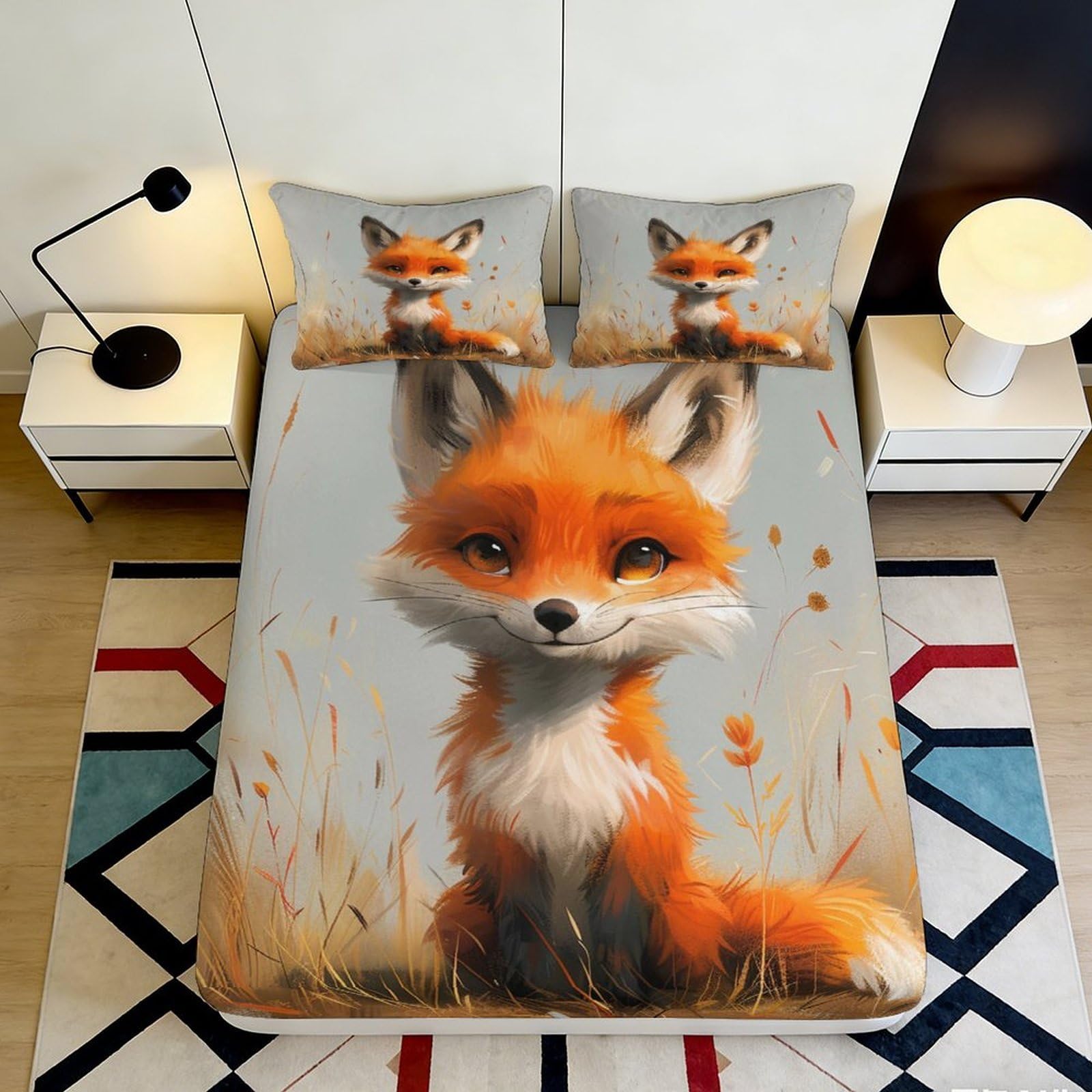 3D Printed Cute Fox Fitted Sheet Microfiber Soft Orange Animal Cartoon Meadow Mattress Cover for Bedroom Dorm Room Mattress Protection Decor 90x200x25cm