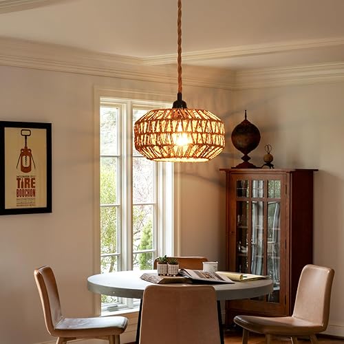 Miniatura 8 de Lámpara colgante enchufable de ratán con interruptor, mini lámpara de techo de ratán bohemio semiempotrada, accesorios de luz de pasillo tejidos a