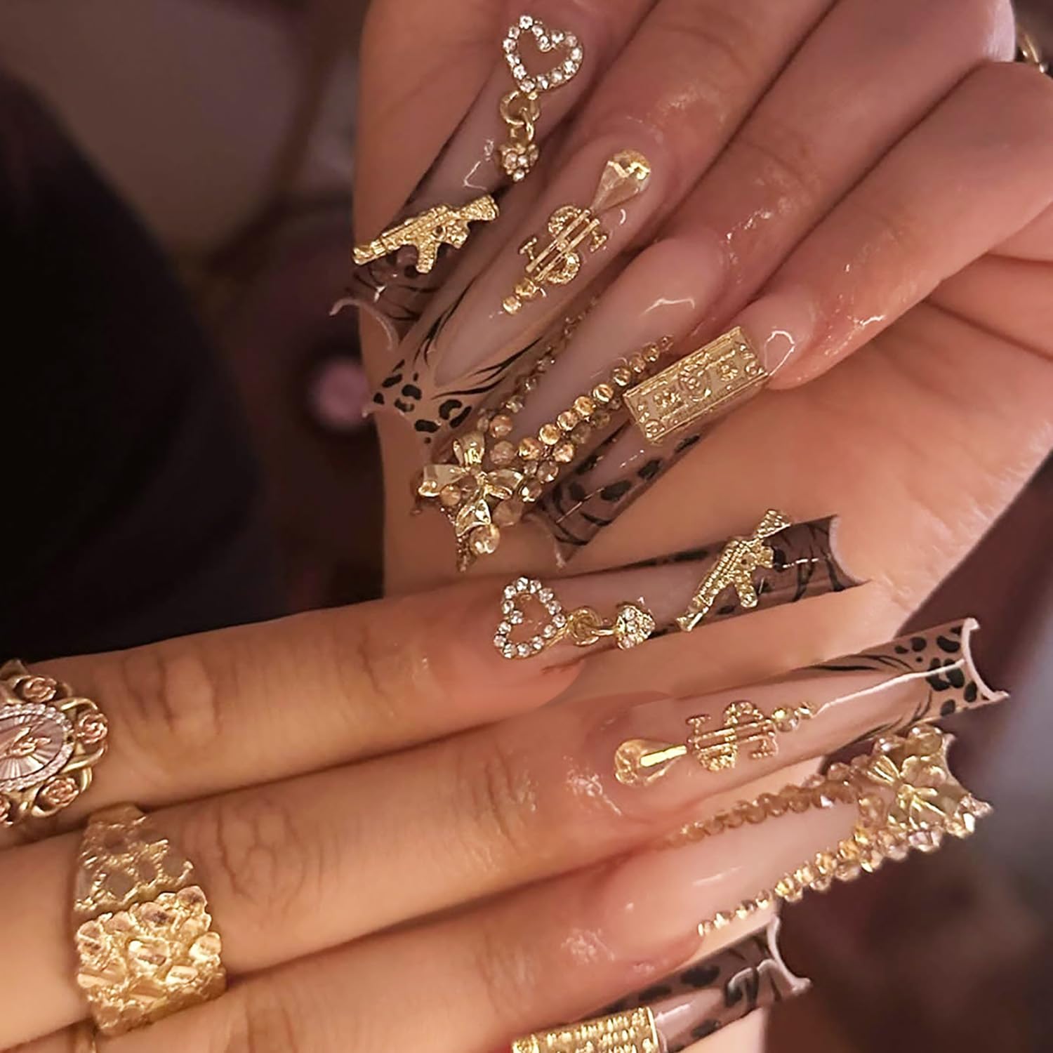 Press on Nails Long Coffin Shaped Acrylic Glossy Full Cover Long Square French False Nails with Designs Artificial Extra Long Fake Nails with Charms Glue ons Fingernails for Women(XG10114)