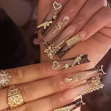 Press on Nails Long Coffin Shaped Acrylic Glossy Full Cover Long Square French False Nails with Designs Artificial Extra Long Fake Nails with Charms Glue ons Fingernails for WomenXG10114
