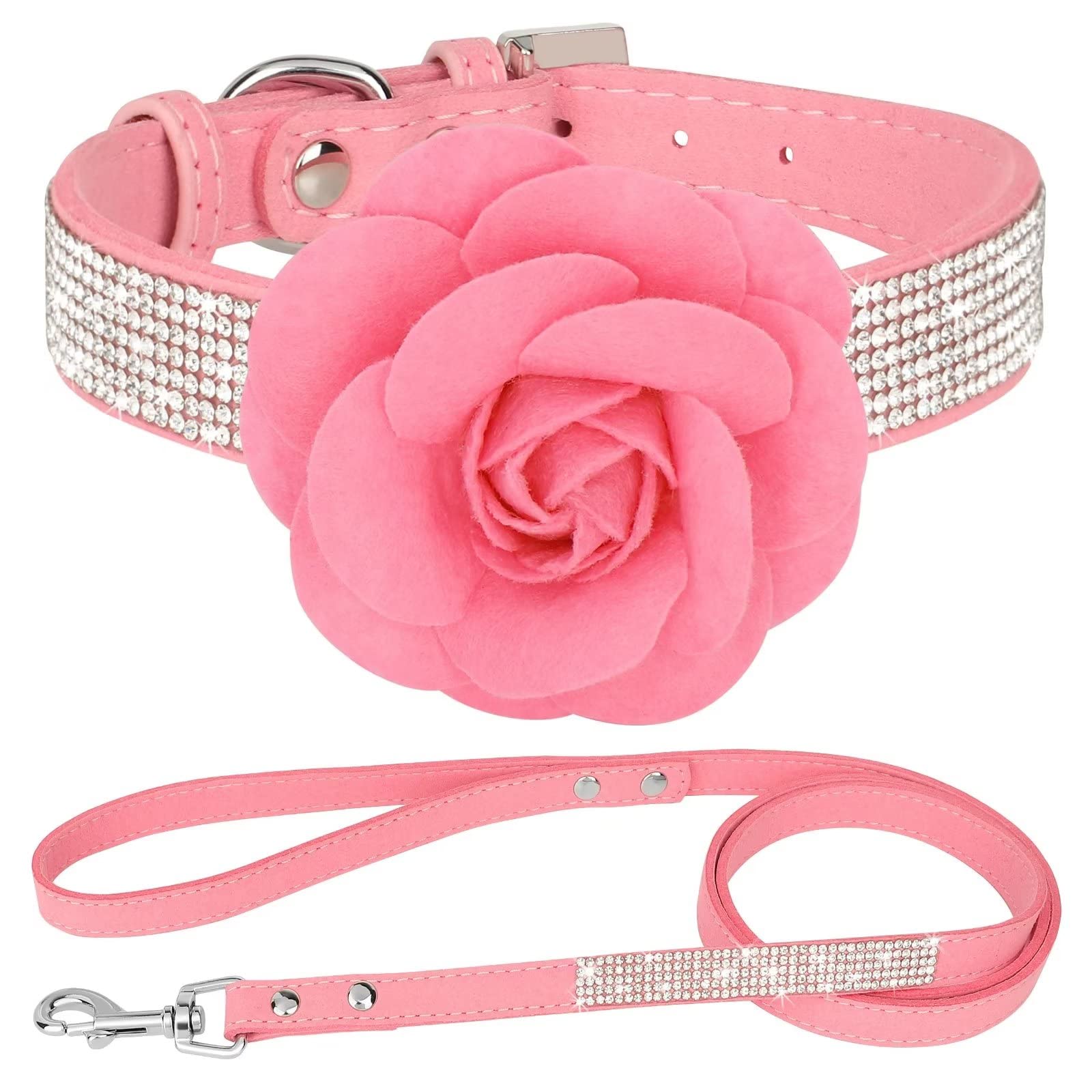 Beirui Bling Rhinestone Dog Collar and Leash Set - Soft Suede Leather Sparkling Dog Collars with Flower - Cute Girl Dog Collars with 4ft Leash for Small Dogs,Pink,Neck 10-12"
