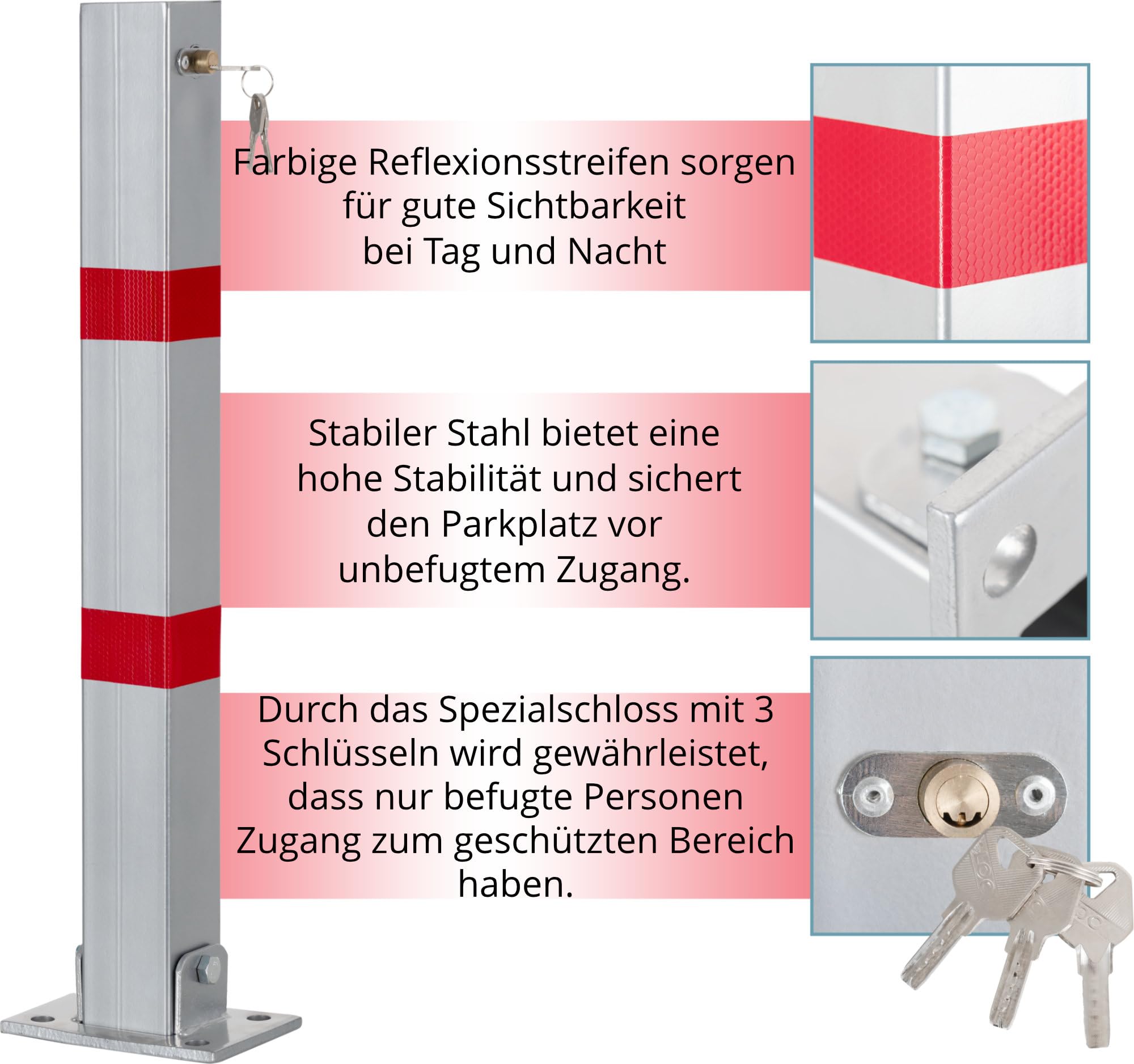 Stagecaptain PPP-70 SR Parkpfosten - Stabile Parkplatzsperre aus Stahl - Galvanisiert und pulverbeschichtet - Abschließbar mit drei Schlüsseln - Reflexionsstreifen für gute Erkennbarkeit