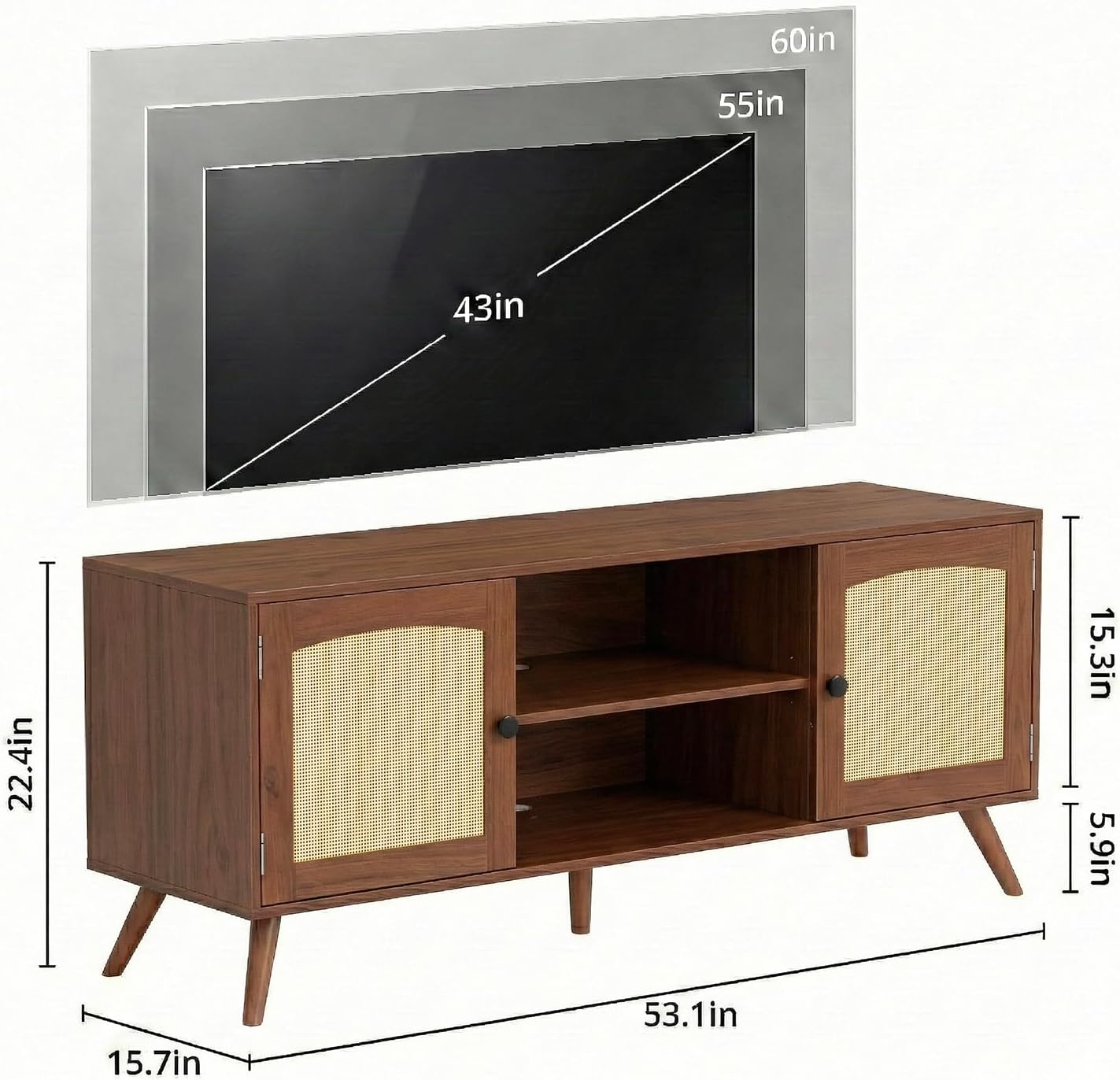holzart Mid Century Modern Rattan TV Stand for 55/60 Inch TV - 53" Boho Media Console Table with Cane Doors & Open Shelves, Rustic Brown Entertainment Center for Living Room, Hallway, Entryway