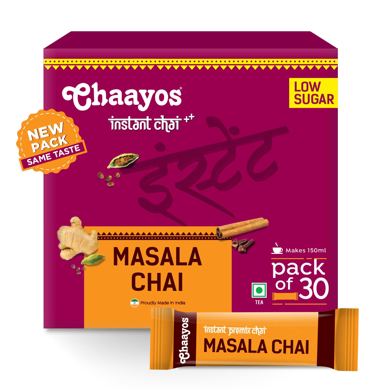 ChaayosInstant Tea Premix - Masala Flavour - Low Sugar (30 Sachets) | Instant Tea | Tea Premix | Masala Tea | Masala Chai | Assam Tea | Flavored Tea | Tea Masala Mix