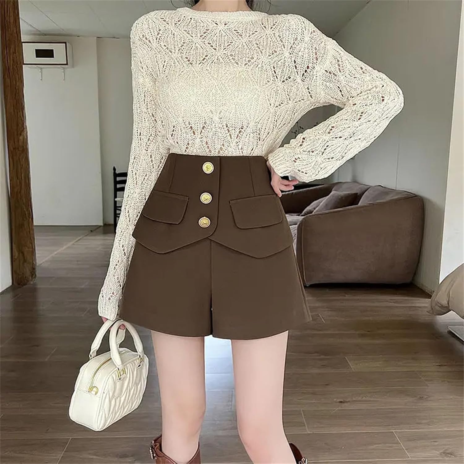 Womens Thickened Shorts Korean Slimming High-Waisted A-line Boot Pants Wide-Leg Casual Pants