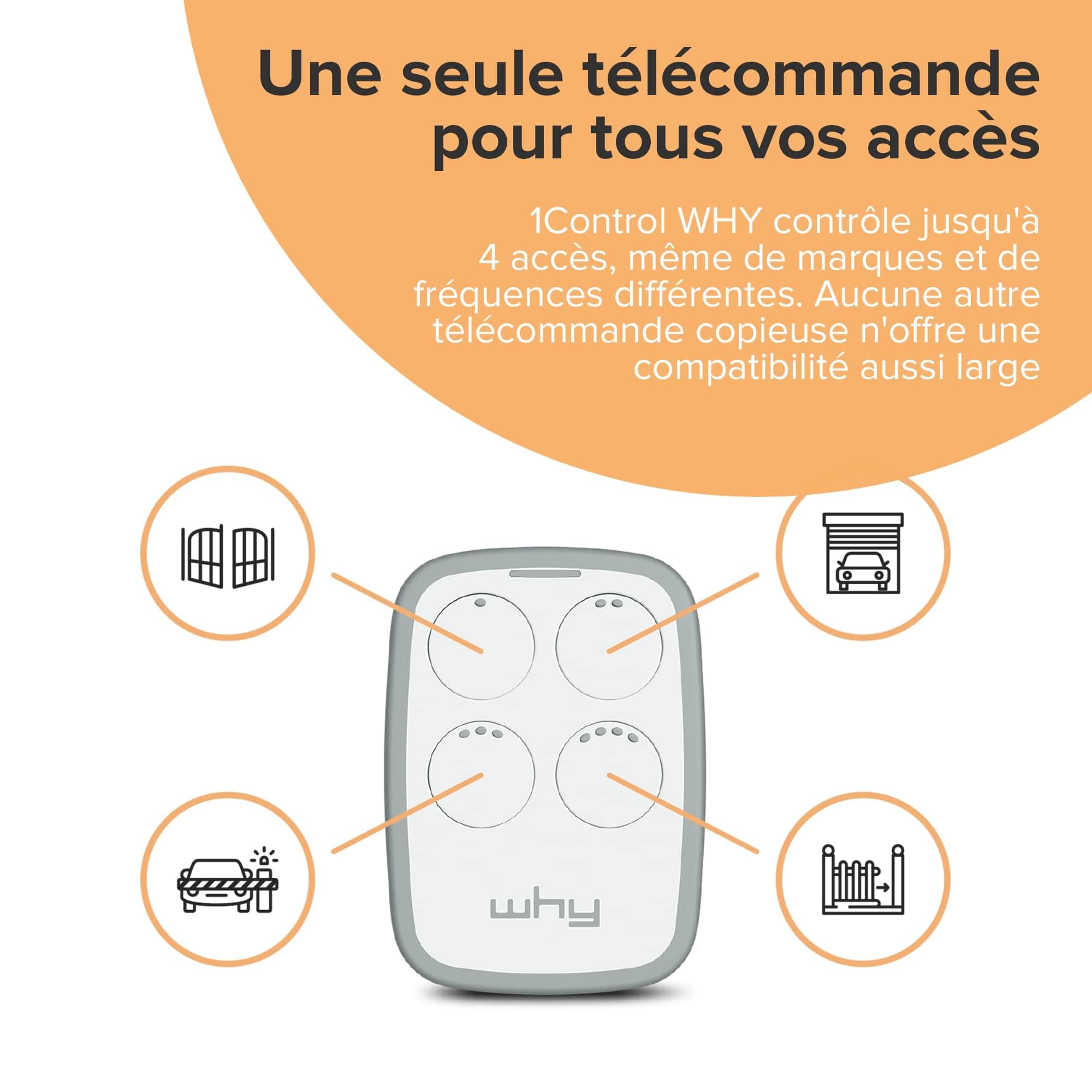 1Control Why 2 Télécommandes Universelles Portail et Garage – Compatible avec 750+ Modèles, Rolling Code et Code Fixe – Multifréquence 433-868 MHz AM/FM – Télécommandes Blanches