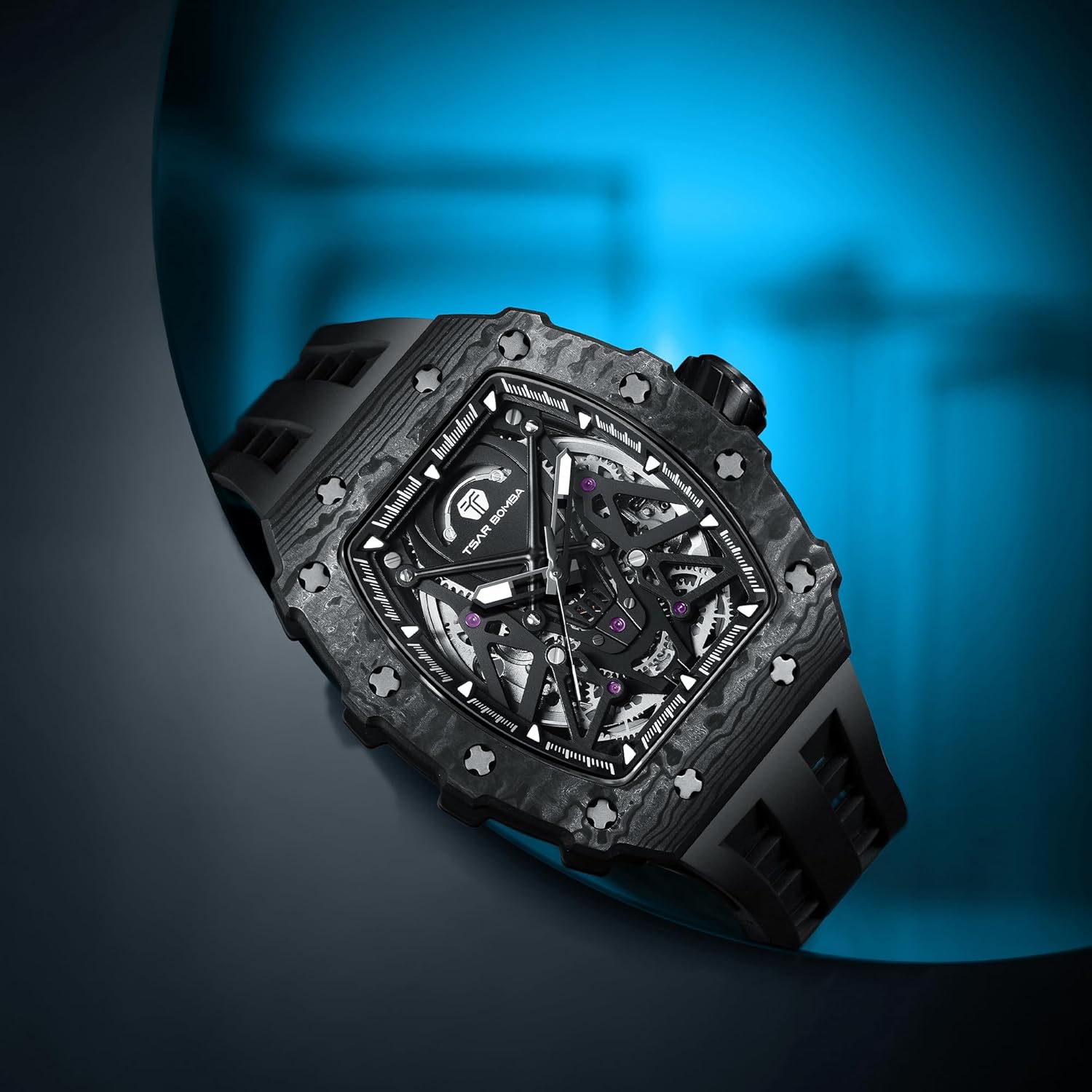 TSAR BOMBA Men's Mechanical Watch Luxury Skeleton Analogue Watches for Men 50M Waterproof Tonneau Work Mens Wrist Watch Original Design Square Big Face Cool Wristwatch Silicone Strap