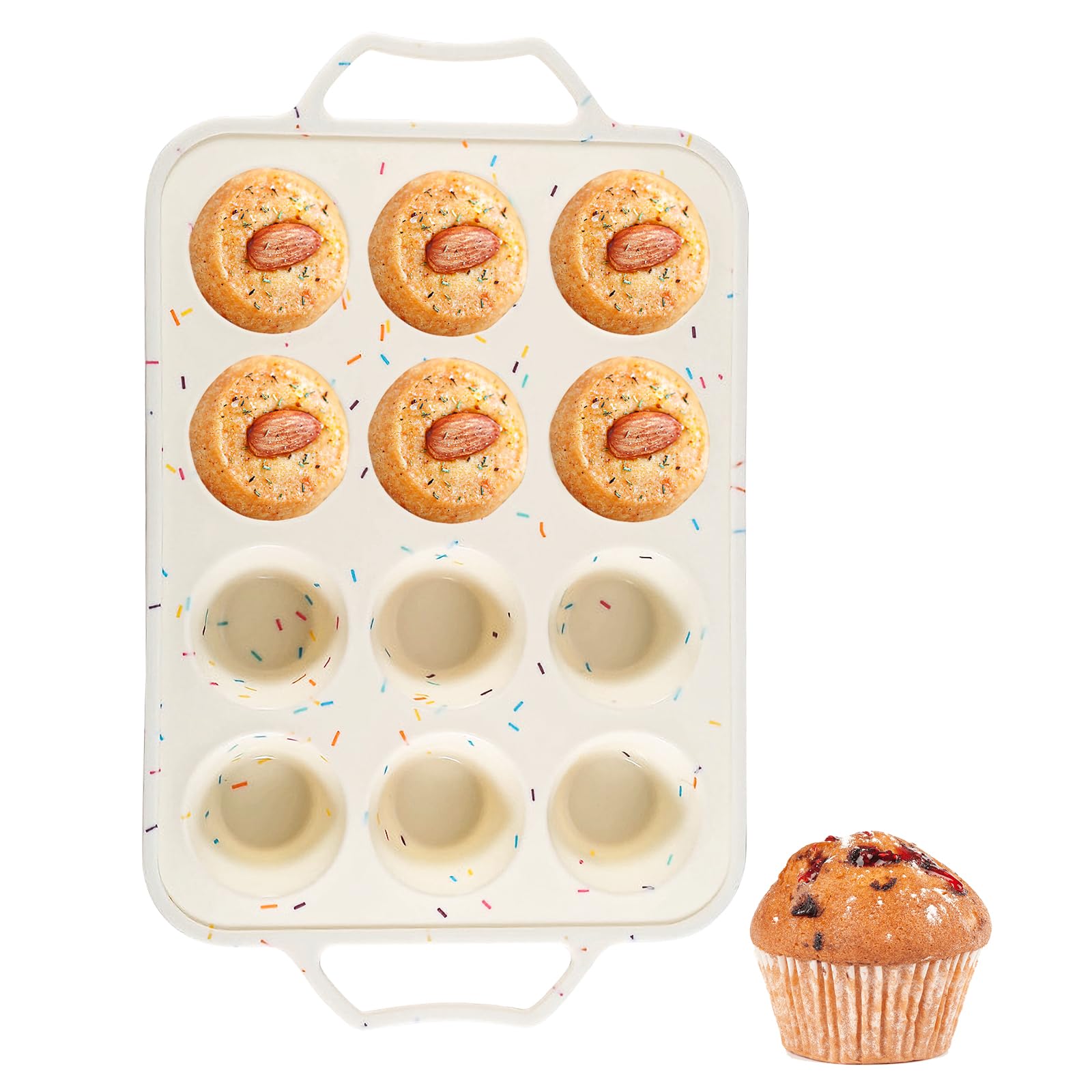 Molde de silicona para magdalenas, marco reforzado de metal, molde antiadherente de 12 tazas, moldes para hornear cupcakes fáciles de manejar, apto para horno y lavavajillas